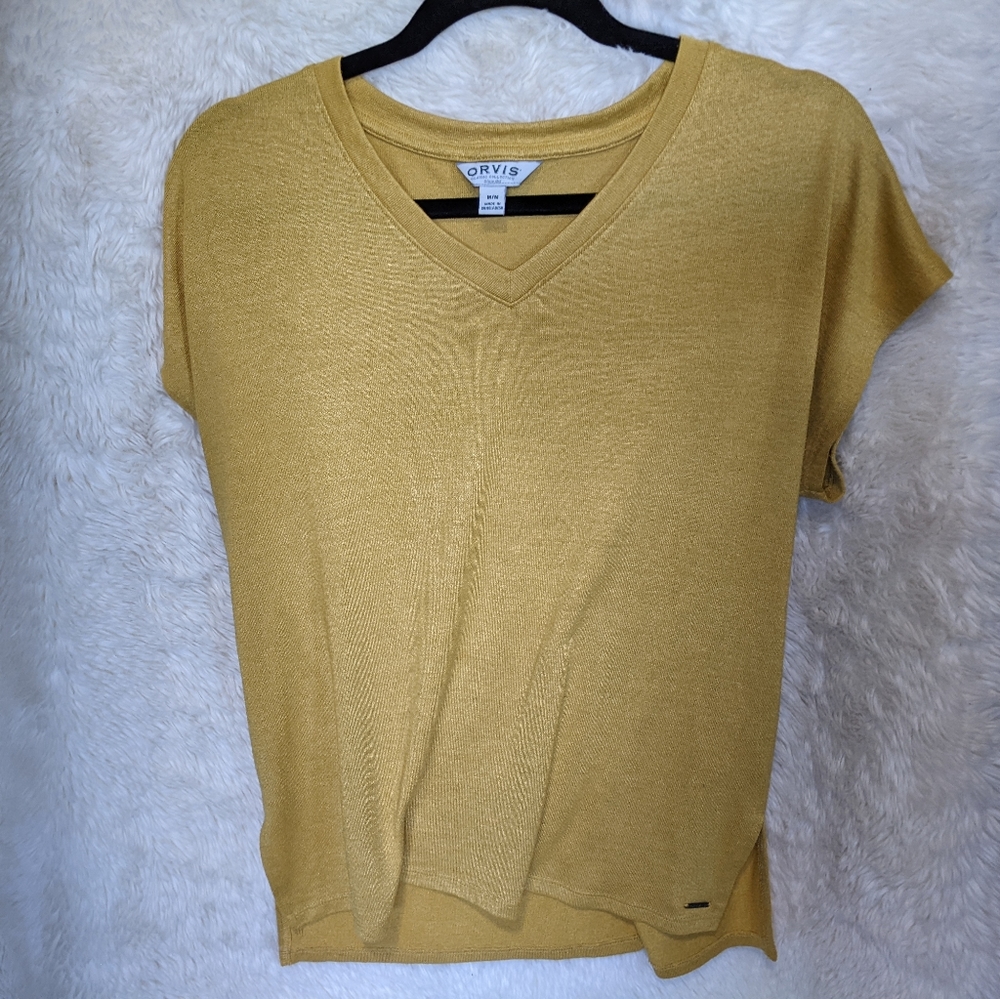 Orvis v neck Yellow t shirt top, medium, mustard tee